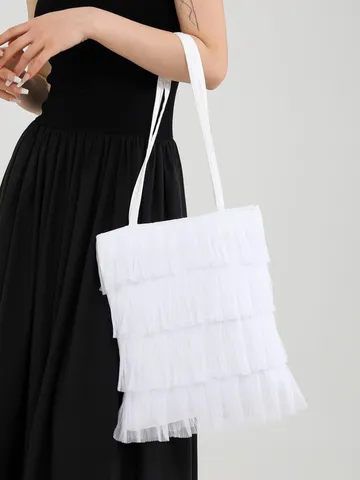 Women Summer Fresh Floral Lace Mesh Ruffled Pleated Tote Bag Multilayered Sweet Shoulder Bag Soft Yarn Large Handbag