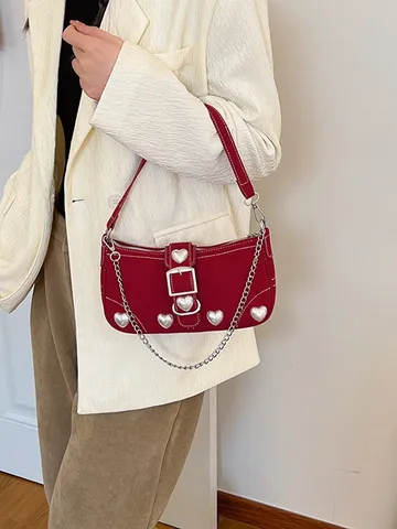 Women Sweet Heart Artificial Pearl Decoration Baguette Bag PU Leather Shoulder Chain Crossbody Handbag For Daily Commuting