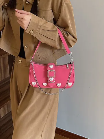 Women Sweet Heart Artificial Pearl Decoration Baguette Bag PU Leather Shoulder Chain Crossbody Handbag For Daily Commuting