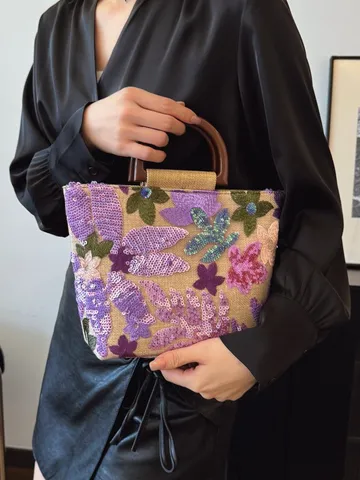 Borsa Tote da Donna in Stile Cinese in Lino con Ricamo di Paillettes Floreali Retrò Letteraria Grande Capacità Con Manico in Bambù