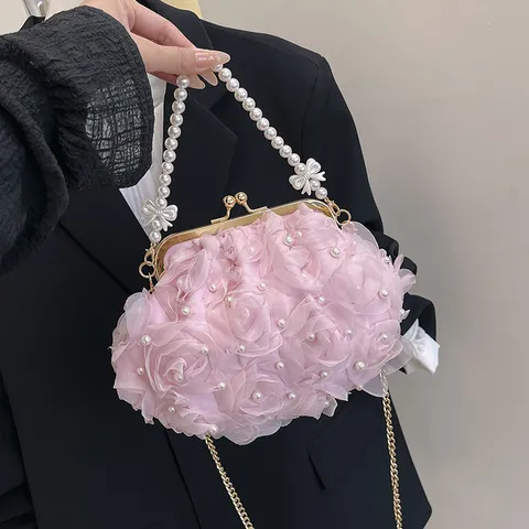 Elegant 3D Floral Polyester Underarm Bag For Women With Artificial Pearl Handle Alloy Chain Kiss Lock Evening Shoulder Bag