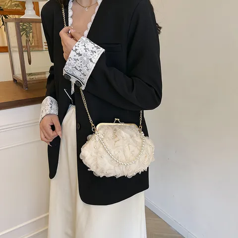 Elegant 3D Floral Polyester Underarm Bag For Women With Artificial Pearl Handle Alloy Chain Kiss Lock Evening Shoulder Bag