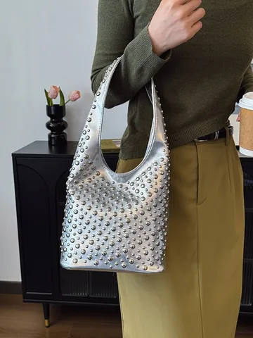 Women's Punk Style Studded Bucket Bag European Fashion PU Leather Underarm Shoulder Bag Metal Rivet Sequin Bag For Daily Party