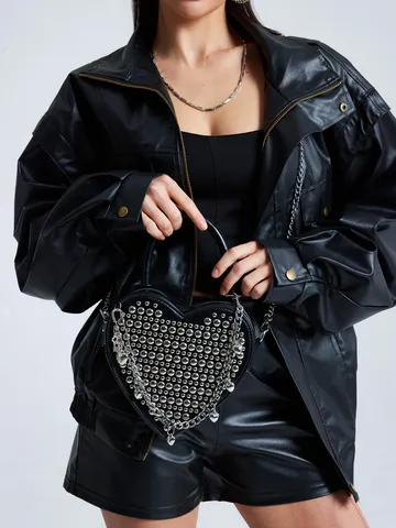 Women Punk Rivet Heart Crossbody Bag PU Leather Heart Shaped Handbag With Chain Strap Tassel Gothic Shoulder Purse For Daily