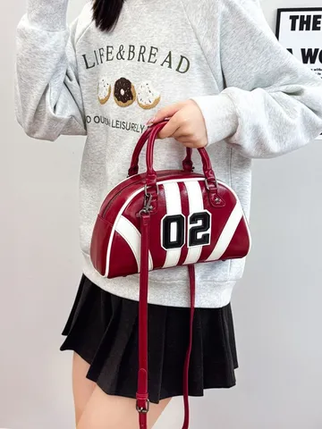Women Retro Bowling Bag Contrast Color PU Leather Patchwork Handbag Number Decor Top Handle Bag Vintage Shoulder Bag