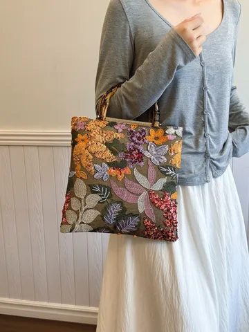 Vintage Linen Handbag Women Bamboo Handle Floral Embroidery Sequin Evening Bag Bohemian Ethnic Top Handle Party Handbag Bag