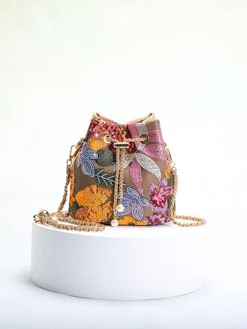 New Chinese Style Flower Embroidery Bucket Bag Sequin Mesh Splicing Elegant Lady Drawstring Chain Crossbody Bag Women Daily Bucket Bag