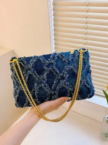 Borsa a Spalla da Donna in Denim Lavato Trapuntata a Catena Tracolla Frange Giunzione Stile Classico Elegante Borsa a Mano