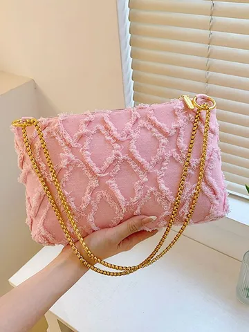 Borsa a Spalla da Donna in Denim Lavato Trapuntata a Catena Tracolla Frange Giunzione Stile Classico Elegante Borsa a Mano