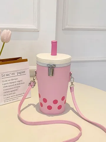 Women Cute Milk Tea Cup Shaped Crossbody Bag Macaron Color PU Leather Novelty Shoulder Bag Straw Decor Polka Dot Pearl Design