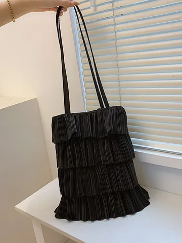 Women Layered Pleated Polyester Tote Bag Sweet Ruffle Cake Skirt Shoulder Bag Casual Floral Polka Dot Underarm Bag