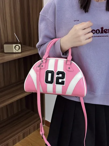 Women Retro Bowling Bag Contrast Color PU Leather Patchwork Handbag Number Decor Top Handle Bag Vintage Shoulder Bag