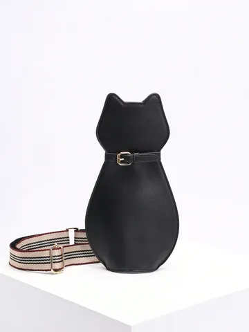 Cute Cat Shaped PU Leather Crossbody Chest Bag For Women Fashion Striped Strap Casual Shoulder Bag With Belt Buckle Decor