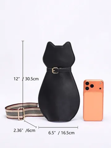 Cute Cat Shaped PU Leather Crossbody Chest Bag For Women Fashion Striped Strap Casual Shoulder Bag With Belt Buckle Decor