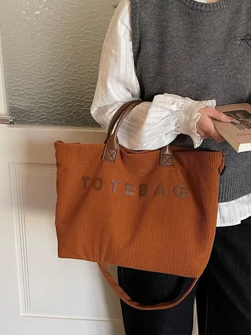 Minimalist Corduroy Tote Bag For Women Large Capacity Embroidered Casual Shoulder Bag Classic Letter Patchwork Commuter Handbag