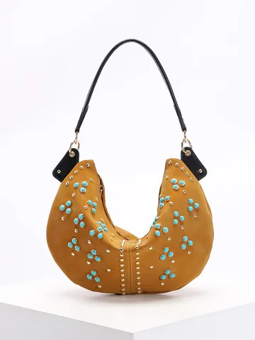 Women Vintage Rivet Studded Half Moon Underarm Bag PU Leather Turquoise Bead Hobo Bag Retro Shoulder Crossbody Bag