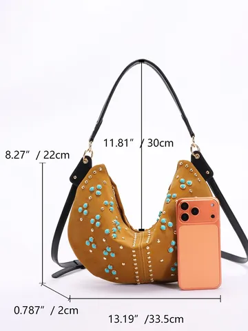 Women Vintage Rivet Studded Half Moon Underarm Bag PU Leather Turquoise Bead Hobo Bag Retro Shoulder Crossbody Bag