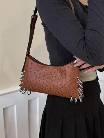 Women Punk Style PU Leather Underarm Bag Metal Rings Stitching Ostrich Texture Horizontal Square Zipper Shoulder Bag Daily Party Crossbody Handbag