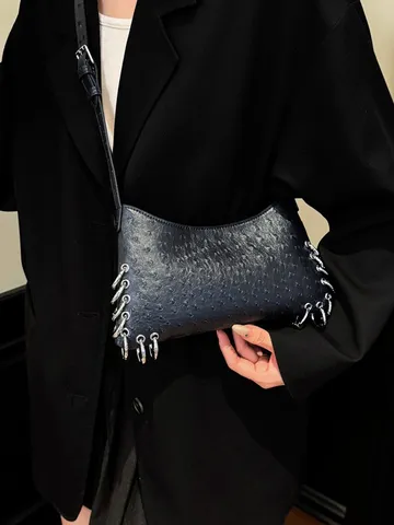 Women Punk Style PU Leather Underarm Bag Metal Rings Stitching Ostrich Texture Horizontal Square Zipper Shoulder Bag Daily Party Crossbody Handbag