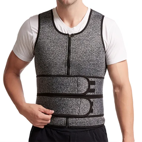 Men's Fitness Sauna Vest Polyester Sweat Waist Trainer Tank Top With Double Belt Zipper Slimming Body Shaper Sport Vest