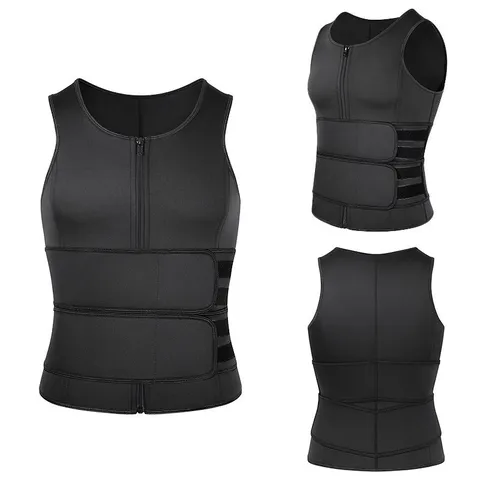 Men's Fitness Sauna Vest Polyester Sweat Waist Trainer Tank Top With Double Belt Zipper Slimming Body Shaper Sport Vest
