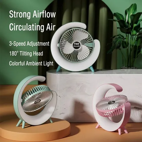 Tisch-Luftzirkulationsventilator USB Aufladbar Mit RGB-Lauflicht 3 Geschwindigkeiten 180 Grad Verstellbar Leiser Ventilator Büro Zuhause
