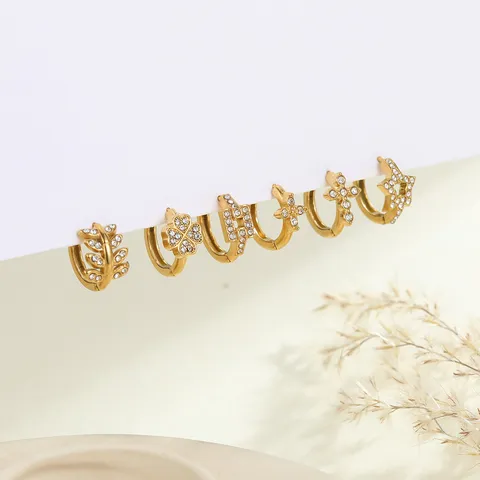 Stainless Steel Gold Plated Rhinestone Earring Set For Women Fashion Small Delicate Leaf Star Cross Four Leaf Clover Geometric Ear Cuff Jewelry
