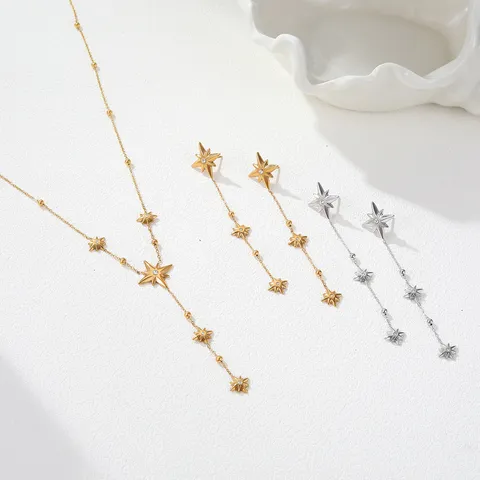 Stainless Steel Gold Plated Eight Pointed Star Tassel Long Necklace Drop Earrings Rhinestone Jewelry For Women Fashion Gift