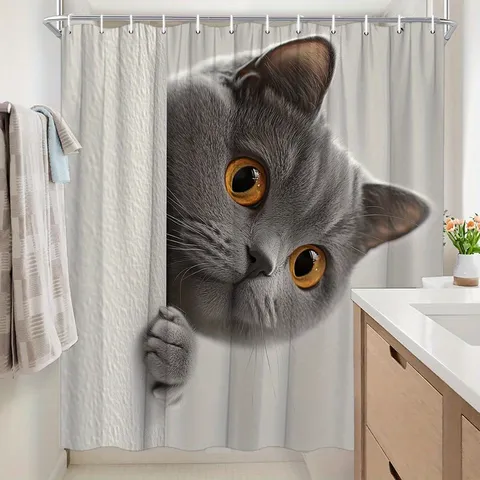 Cute British Shorthair Cat 3D Print Shower Curtain Waterproof Polyester Bathroom Decor With White Hooks For Home Bathroom Decor