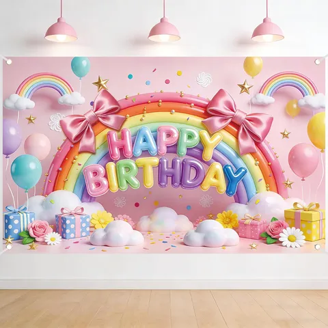 Macaron Rainbow Birthday Photography Backdrop Colorful Cloud Gift Box Printed Children Birthday Party Decoration Props Background