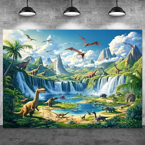 Jurassic Dinosaur Jungle Theme Photography Backdrop Realistic Tropical Forest Waterfall Volcano Pongee Backdrop For Kids Birthday Party Photo Props