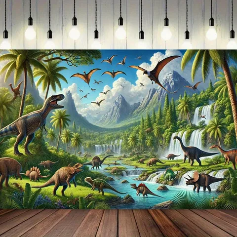 Jurassic Dinosaur Jungle Theme Photography Backdrop Realistic Tropical Forest Waterfall Volcano Pongee Backdrop For Kids Birthday Party Photo Props