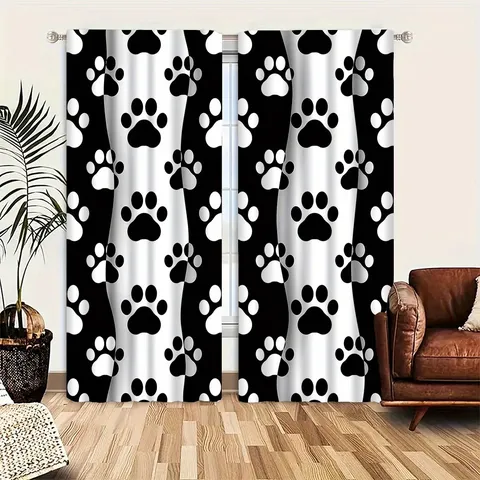 Pet Theme Black And White Dog Paw Print Curtains Polyester Blackout Curtains For Bedroom Living Room Home Decorative Panels