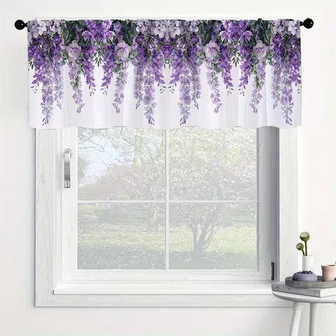 Pastoral Wisteria Floral Printed Valance Rod Pocket Kitchen Curtain White Polyester Small Window Treatment Cafe Valance