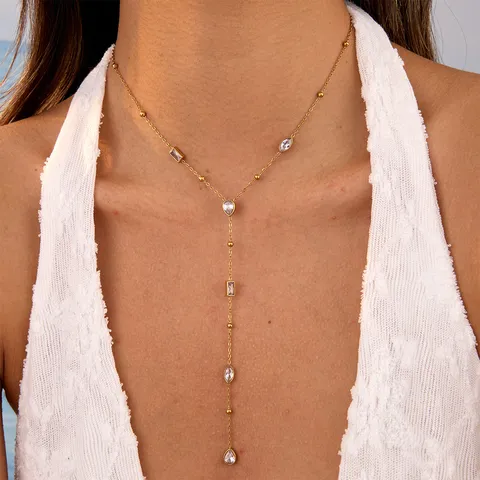 Women's Y-Shaped Stainless Steel Tassel Pendant Necklace Gold Plated Thin Chain With Small Beads Rhinestone Adjustable Necklace