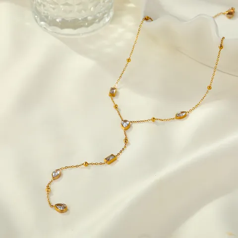Women's Y-Shaped Stainless Steel Tassel Pendant Necklace Gold Plated Thin Chain With Small Beads Rhinestone Adjustable Necklace