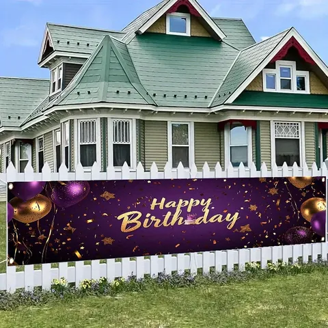 Luxurious Purple Gold Happy Birthday Banner Decoration With Balloons Foil Stars Pattern Elegant Birthday Party Backdrop Banner