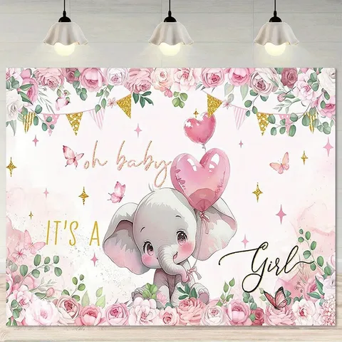 Pink Elephant Baby Shower Backdrop For Girl Oh Baby It Is A Girl Photography Background Pink Floral Heart Balloons Party Decoration Banner