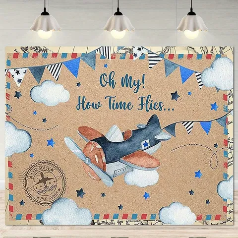 Sfondo Fotografico Aereo Vintage Oh My How Time Flies Poliestere Nuvole Stelle Banner Per Decorazione Festa Compleanno Bambini