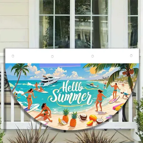Banderines en Forma de Abanico Tema Playa de Verano Poliéster Patrón Palmera Tropical Surf Decoración de Fiesta Exterior