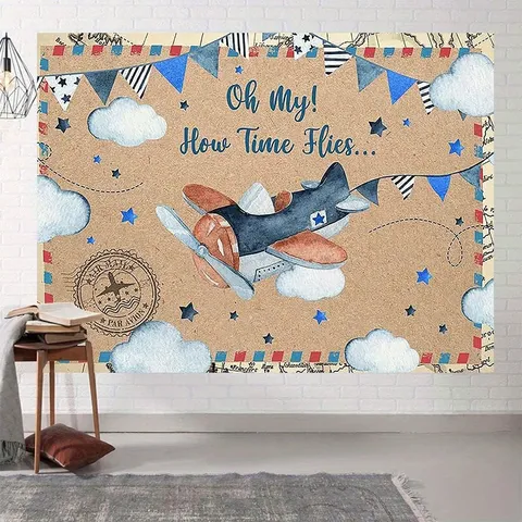 Sfondo Fotografico Aereo Vintage Oh My How Time Flies Poliestere Nuvole Stelle Banner Per Decorazione Festa Compleanno Bambini
