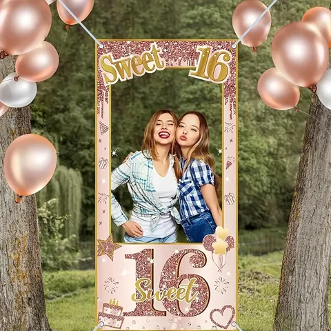 Roségold Sweet 16 Geburtstag Party Hintergrund Ausgehöhlte Irreguläre Fotokabine Requisiten Polyester Sixteen Geburtstag Banner Deko