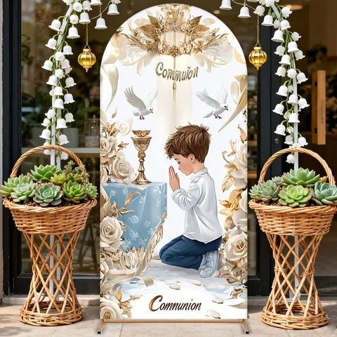 Boy Baptism Arched Backdrop Cover First Communion Party Decoration White Dove Golden Chalice Floral Pattern Polyester Background