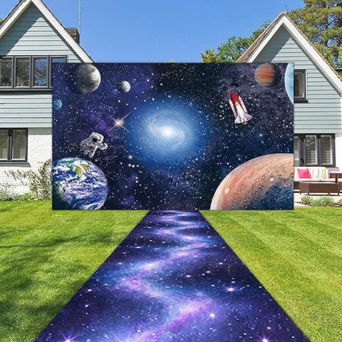 Ruimte Astronaut Thema Verjaardagsfeest Achtergrond Met Galaxie Sterrenhemel Runway Set Voor Kinderen Fotografie Decoratie