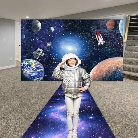 Ruimte Astronaut Thema Verjaardagsfeest Achtergrond Met Galaxie Sterrenhemel Runway Set Voor Kinderen Fotografie Decoratie