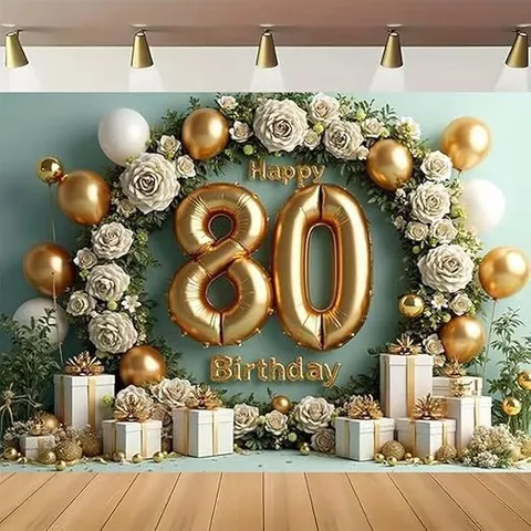 Luxe Polyester Happy 80th Birthday Photographie Toile de Fond Imprimé Ballon Floral Paillettes Photo Fond Pour Fête Décoration Tapisserie Bannière