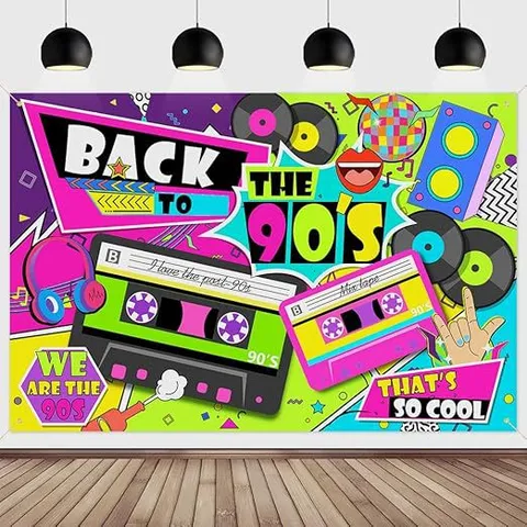 Sfondo Fotografico Retro Anni '90 Decorazioni per Feste Back to the 90s Cassetta Dischi in Vinile Neon Disco Party Banner