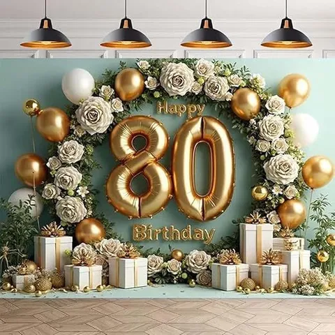 Luxe Polyester Happy 80th Birthday Photographie Toile de Fond Imprimé Ballon Floral Paillettes Photo Fond Pour Fête Décoration Tapisserie Bannière