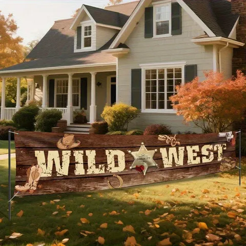 Wild West Theme Cowboy Party Banner Vintage Wood Grain Pongee Polyester Outdoor Yard Backdrop Sheriff Star Decor Flag