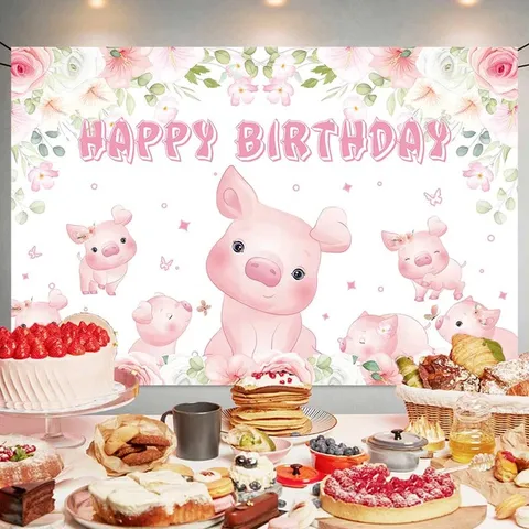 Pink Cute Cartoon Pig Birthday Backdrop Floral Happy Birthday Photography Background For Kids Party Decoration Polyester Fabric